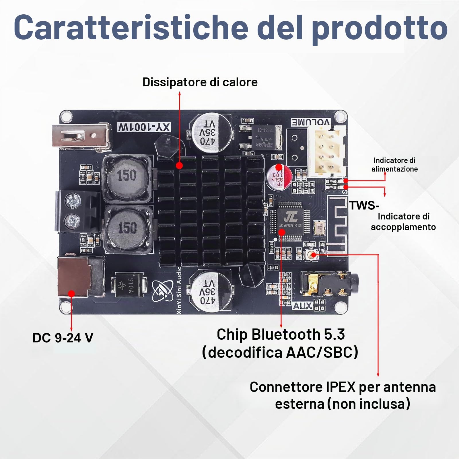 Modulo amplificatore Bluetooth, TWS DC 9-24 V 100 W, scheda amplificatore audio mono con AUX USB, scheda Bluetooth per altoparlanti, home theater, case e scuole (TPA3116)