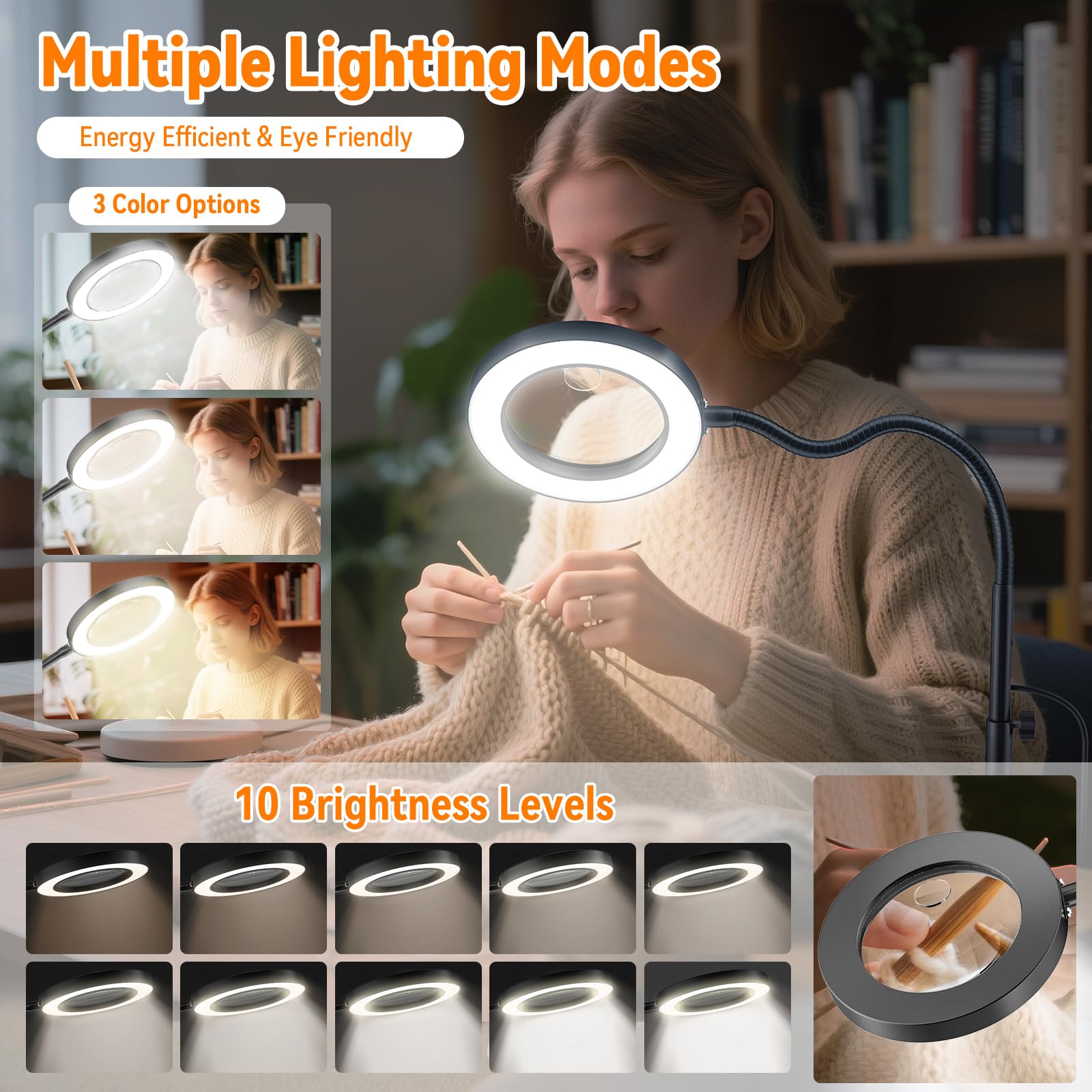 Floor Magnifying Glass with Light and Stand,10X/20X Magnifying Lamp, USB Powered 72 LED Lights with 10 Adjustable Brightness & 3 Colour Temperatures, Magnifier with Light for Reading Knitting Crafts - Image 4