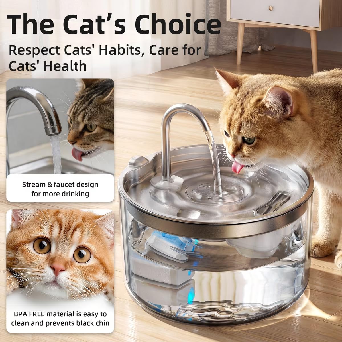 Casfuy PWB-004 - Fuente de agua silenciosa para gatos sin BPA con base de vidrio y bandeja de acero inoxidable, 95 onzas