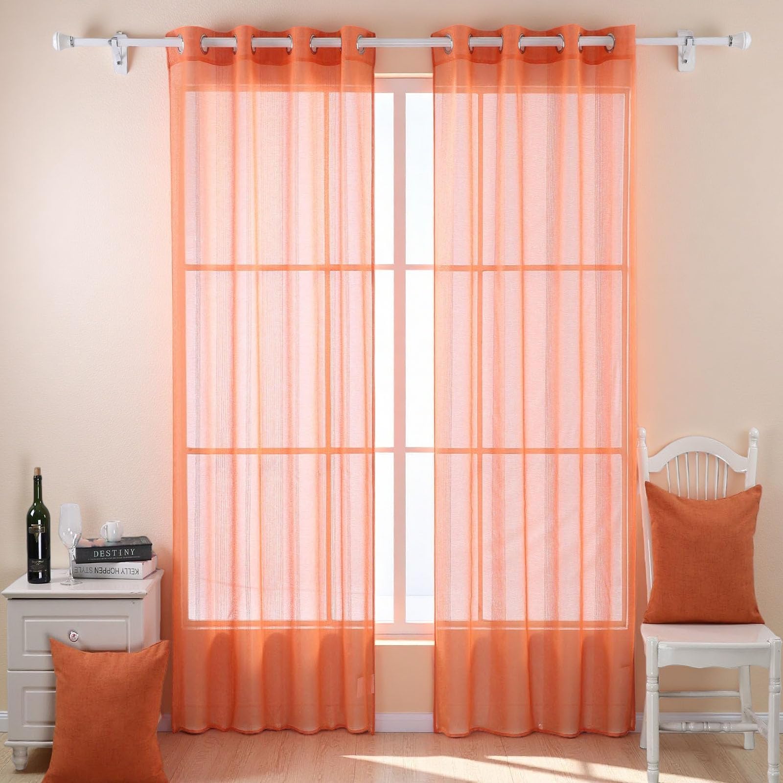 2 Rideaux Voilages Orange 135x245 cm semi-transparents pour tamiser la lumière du salon