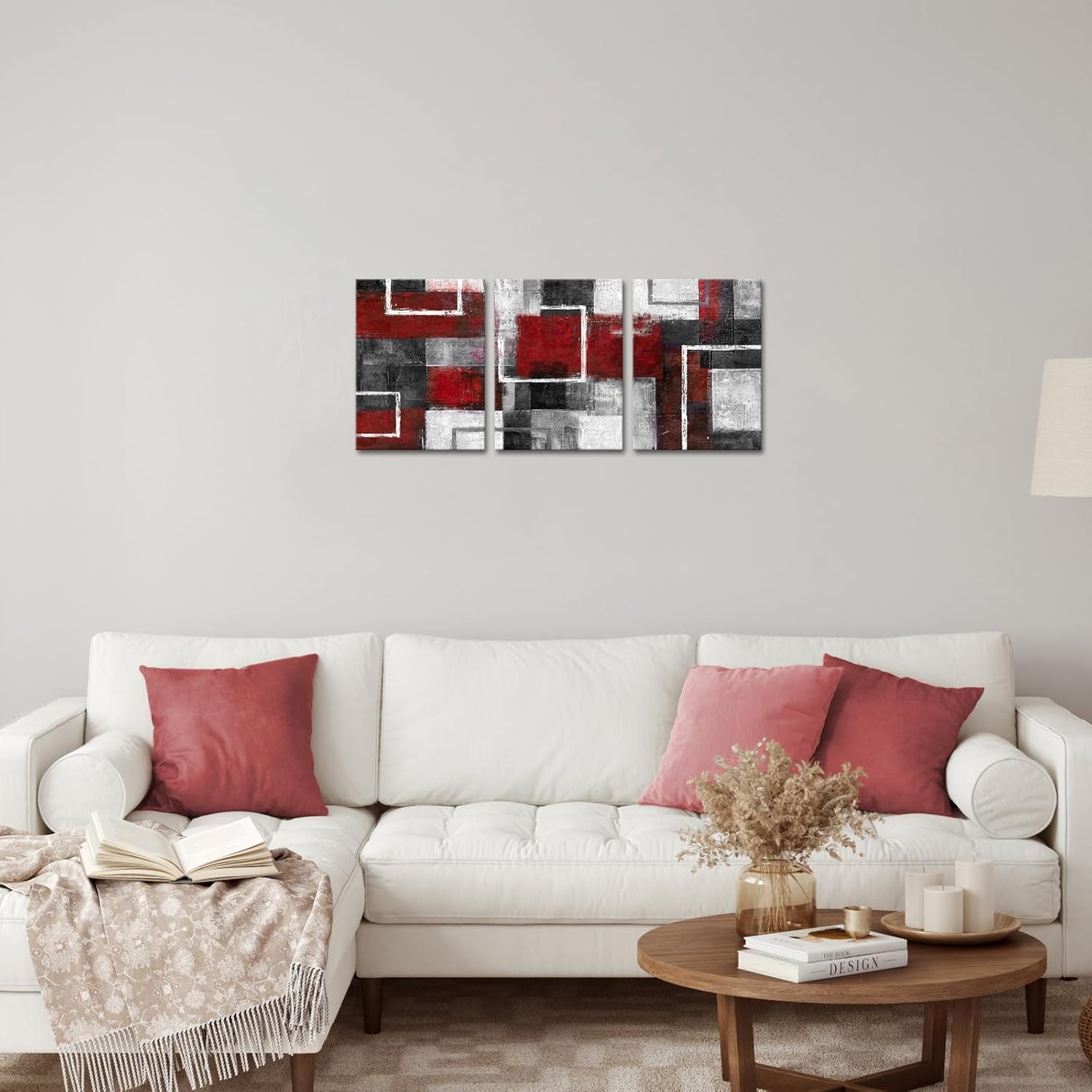 WELMECO Abstract Wall Art Geometric Line Painting Picture Bathroom Bedroom Wall Decor 12"x16"x3 Pieces (Red)
