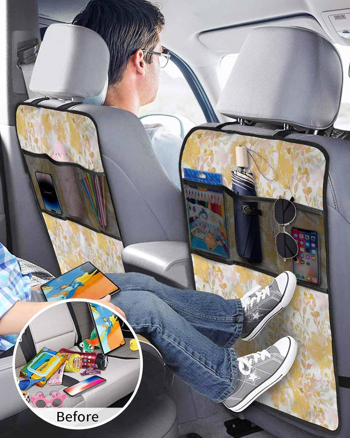 Car Seat Protector, 2 Pack Kick Mats with Organizer - 3 Pocket Storage, Yellow Abstract Flowers Plants Watercolor Floral Back Seat Cover for Kids Universal Fit Automotive Interior Protectors