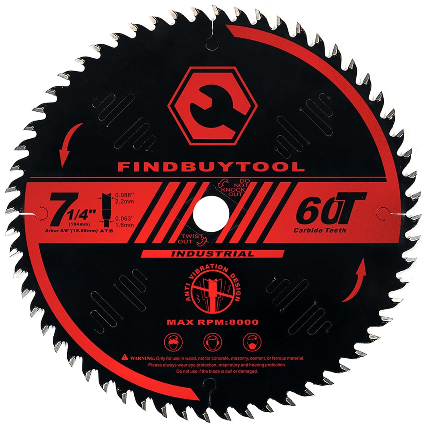 FindBuyTool 7-1/4" 60T Industrial-Grade Durability Carbide Circular Saw Blade, Fine Finish for Table Saw, Anti-Vibration, Non-Stick Coating