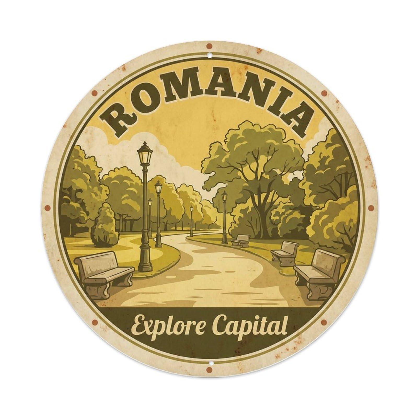 Classic Romania City Capital Explore Scenic Landmark Metal Tin Sign Plaque Wall Decor for Cafe, Man Cave, Club Bar, Office, Home Garden Round Metal Poster 8x8Inch
