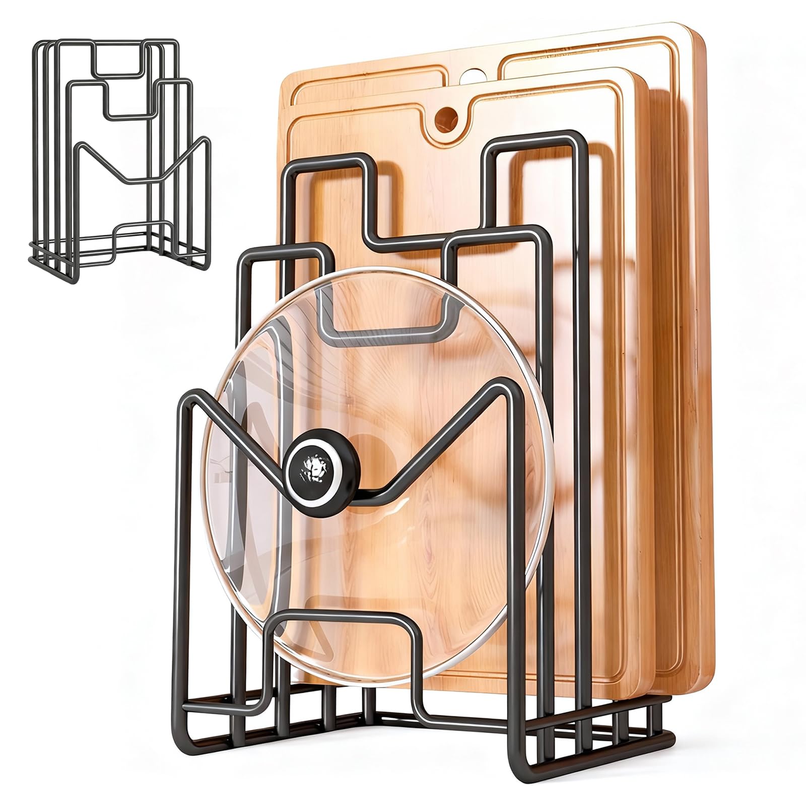 Jicyor Pack of 2 Chopping Board Holder, 2 Pieces Chopping Board Rack, Black Pot Lid Organiser, Chopping Board Holder with 4 Compartments