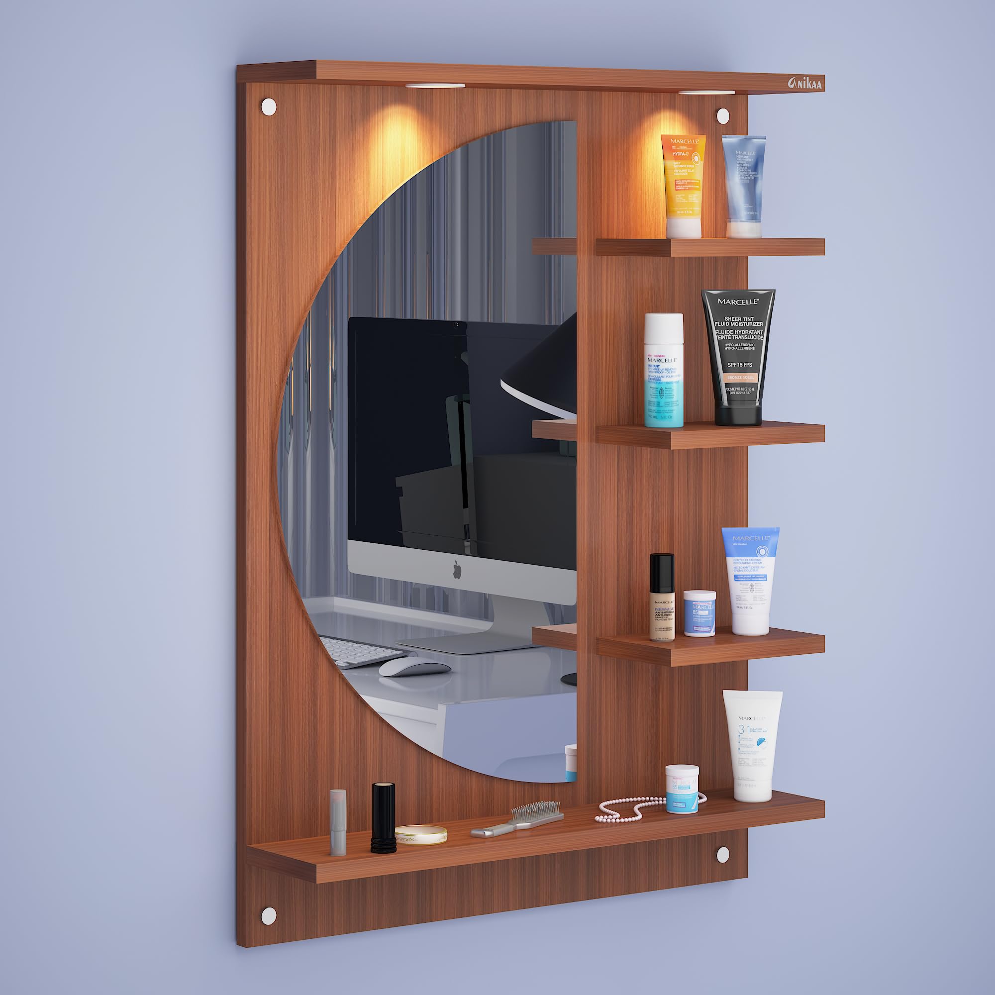 Anikaa Davis LED Light Wall Hanging Dressing Mirror Home Decor Wall Mirror D-Shaped Decorative Wall Mirror for Living Room Bedroom - Walnut (D.I.Y - Do-It-Yourself)-image-22