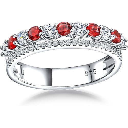 Women's Half Eternity Band 5mm Thick Double Band Ring Sterling Silver Gemstone Diamond Anniversary Ring Stackable Birthstone Rings Size 6-10 (with Gift Box)