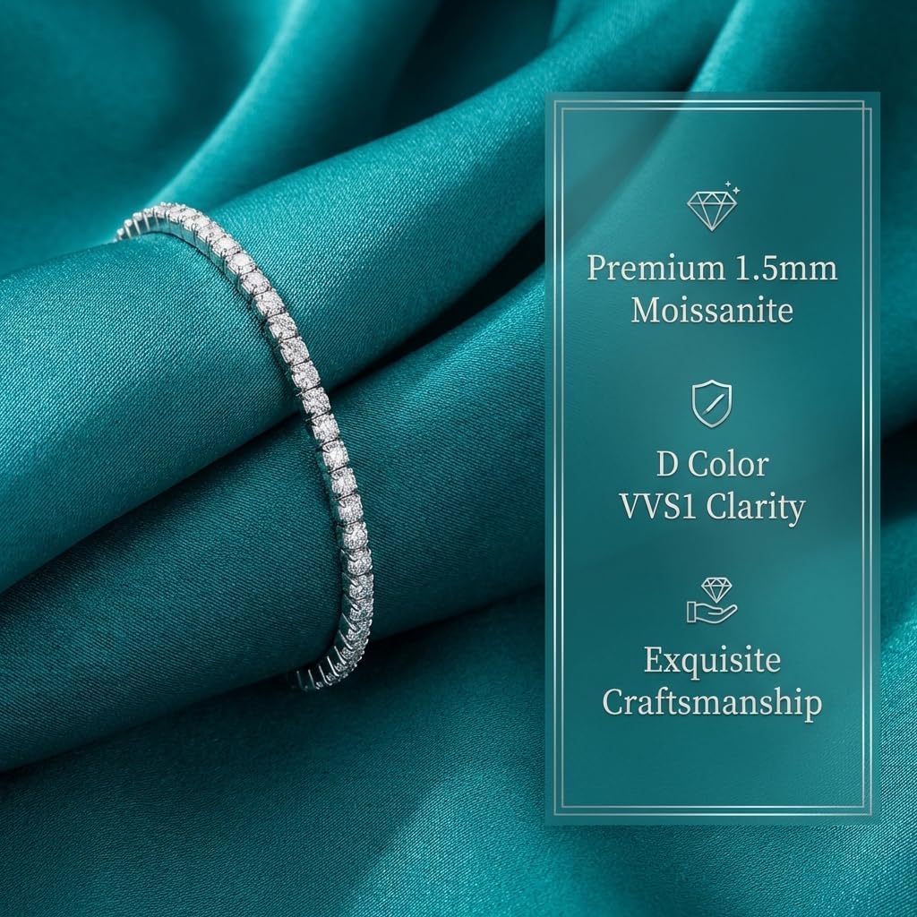 1.5mm/2mm Moissanite Tennis Bracelet D Color VVS1 Round Brilliant Cut Lab Diamond, s925 Sterling Silver Dainty Moissanite Bracelets for Women