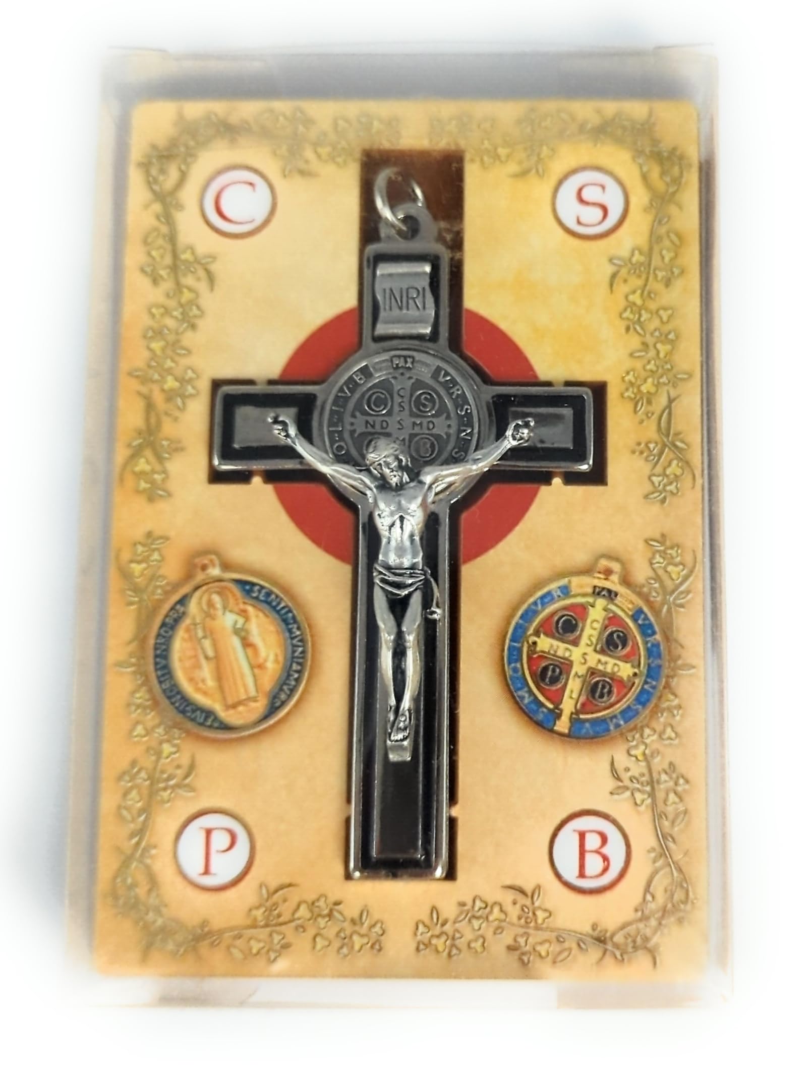OVUNQUE PROTEGGIMI Croce di San Benedetto 8 cm con Riga Nera smaltato color Argento. Crocifisso esorcismo. Croce Medaglia San Benedetto.