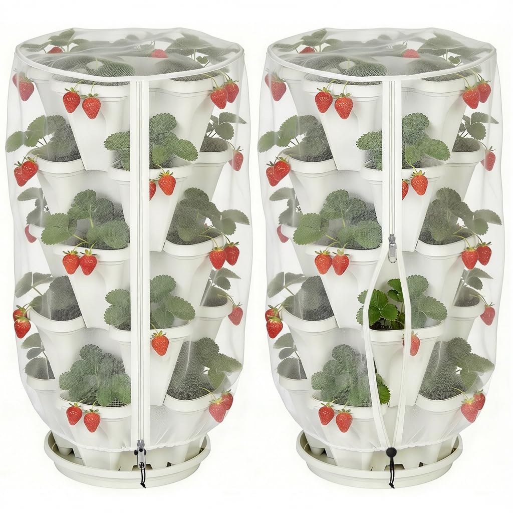Photo 1 of 2 Pcs Vertical Plant Pot Insect Netting with Zipper, 39"x20" Stackable Planter Garden Net Cover, 3 to 5 Tier Planter Pot Insect Bird Barrier Protection Mesh for Strawberry Herb Flower Fruit Vegetable