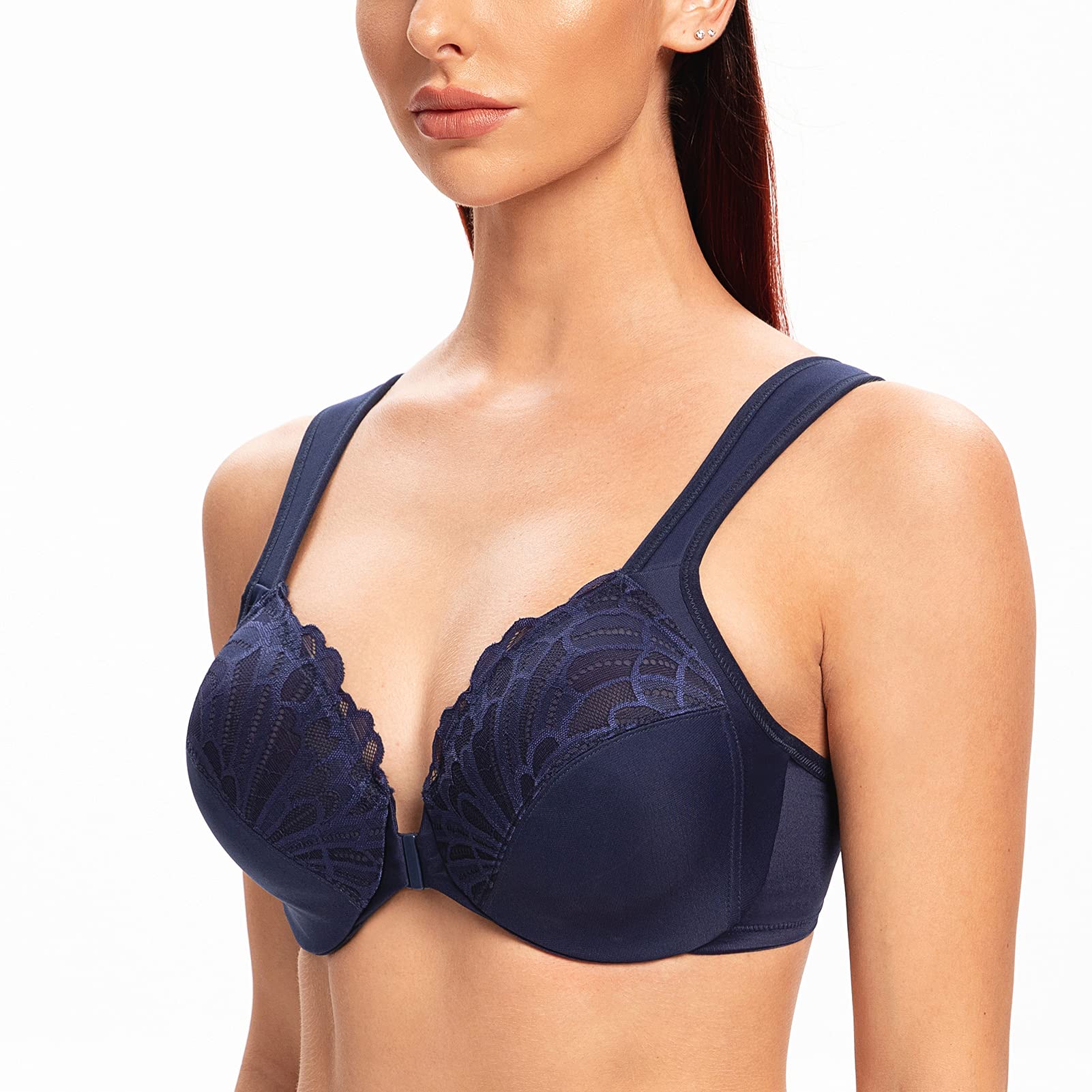 MELENECA Donna Reggiseno Taglie Forti Pizzo Chiusura Anteriore Non Imbottito Cinghie Imbottite con Ferretto