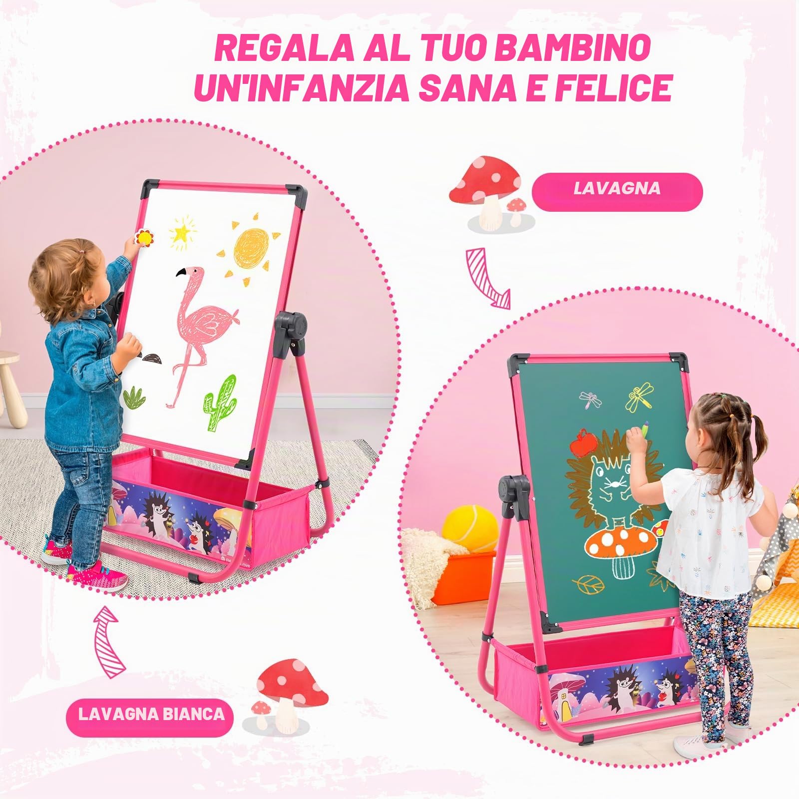 Lavagna Bambini Cavalletto, Lavagnas Magnetica per Bambini, Altezza Regolabile con Rotazione a 360° (rosa)