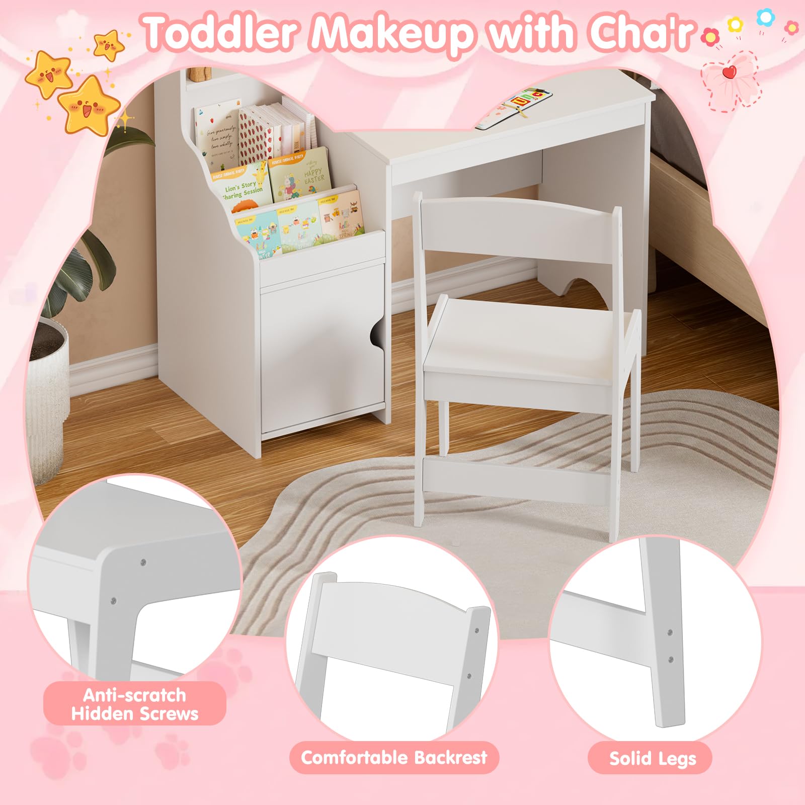 MSFE 2 in 1 Schminktisch Kinder Set, Kinderschminktisch Prinzessin Frisiertisch mit Hocker, LED-Spiegel & Stauraum Schrank, Frisierkommode Mädchen Holz ab 5 mit offenen Fächern (Weiß)