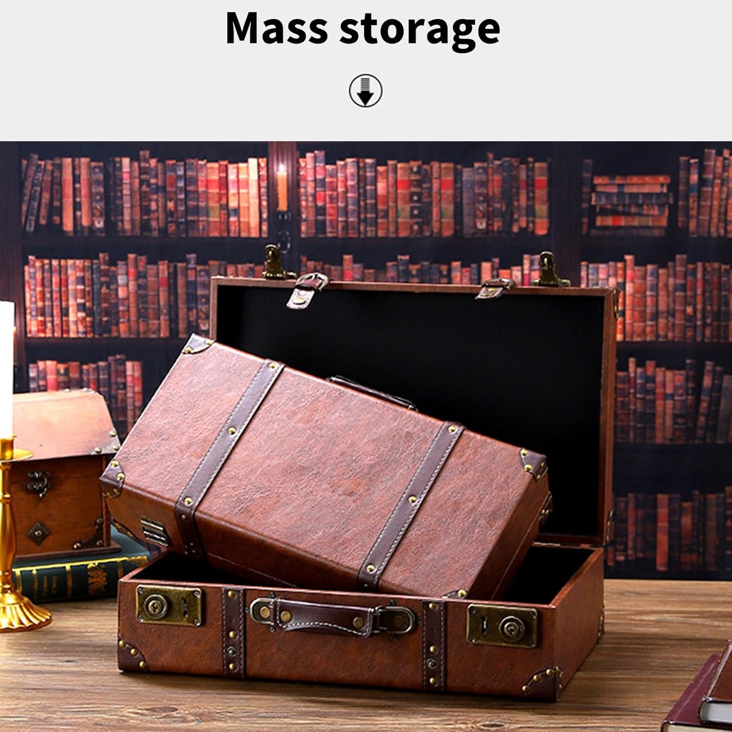 装飾レザーハンドル木製荷物ケース 映画小道具 ホームスタイリング ウェディングアクセサリー 木製ヴィンテージスーツケース アンティー