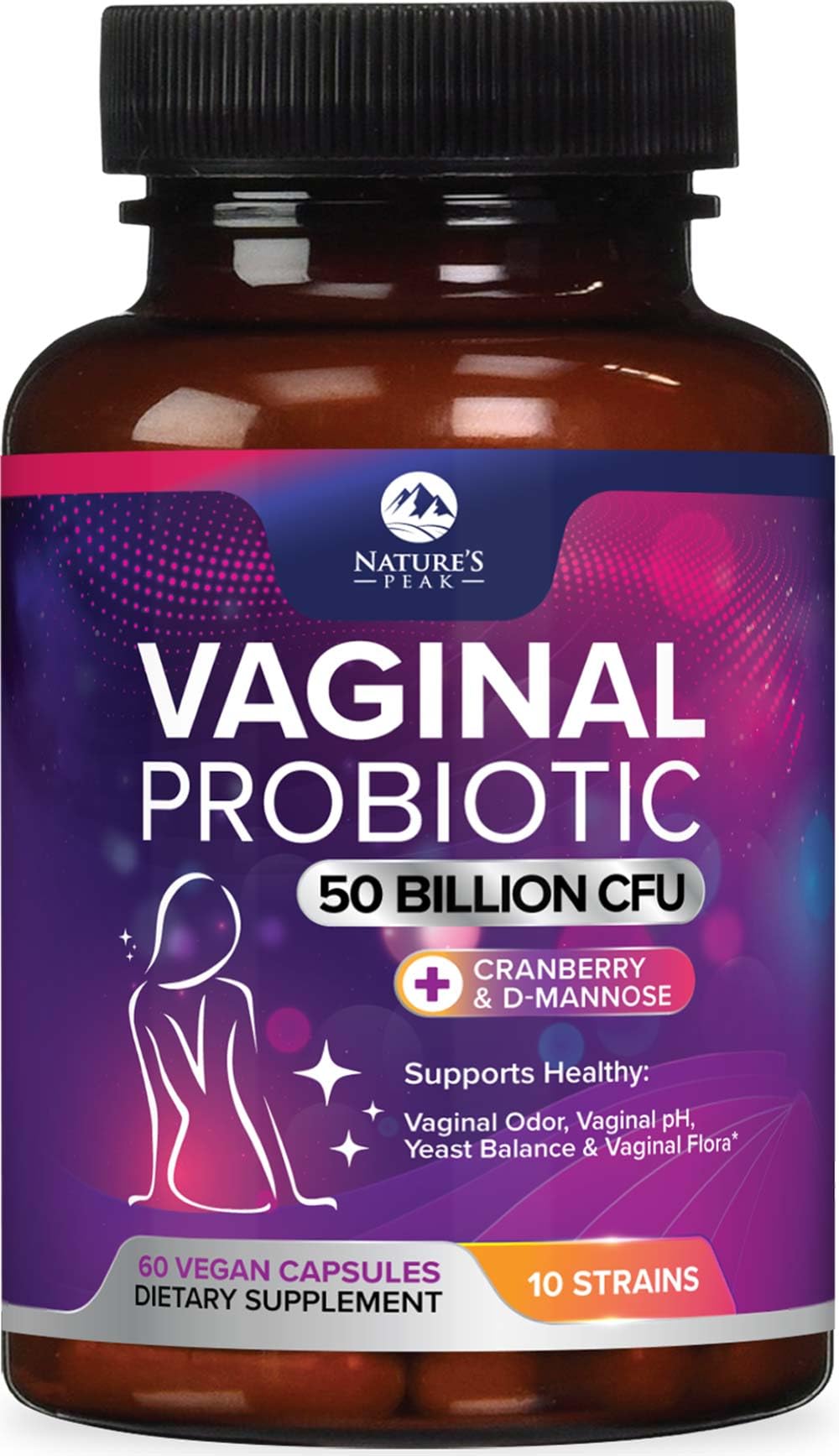 Vaginal Probiotics for Women pH Balance with Prebiotics - 50 Billion CFU - 10 Unique Feminine Strains, Cranberry & D-Mannose for Women's Probiotic Vag Health, Supplement Bottled in USA - 60 Capsules 60 Count (Pack of 1)