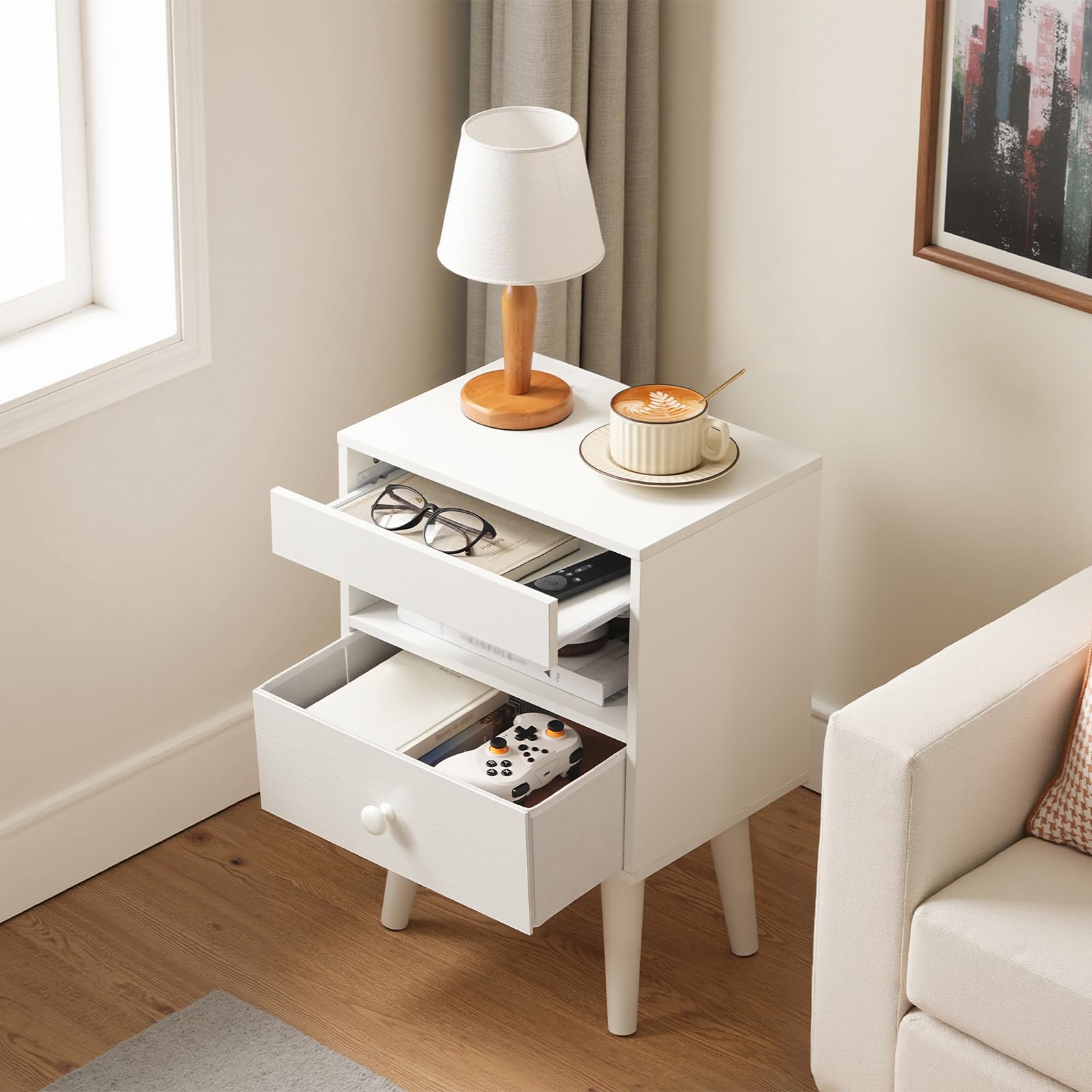 HOOBRO Comodino con Vassoio Estraibile, Cassetto in Tessuto, Tavolino da Caffè per Soggiorno e Camera da Letto, Bianco EWT191BZ01