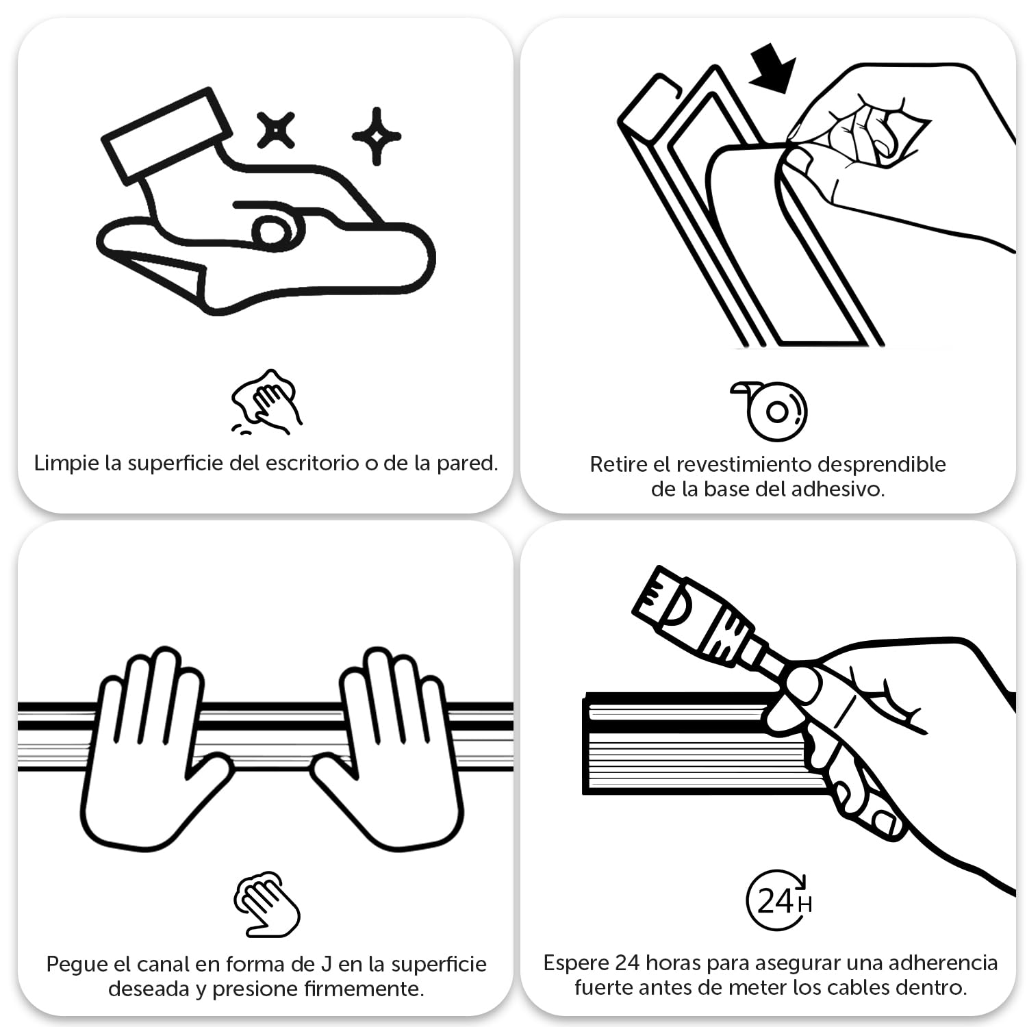 shinfly Canaleta para Cables de Escritorio, 4-Pack Canaleta Adhesiva Negra, Gestión de Cables Bajo Escritorio, Organizador de Cables en Forma de J para Portátiles