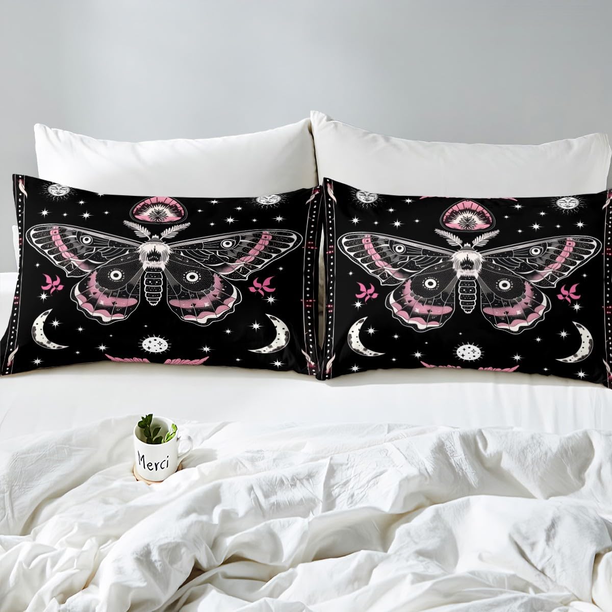 Moth Butterfly Duvet Cover Set Twin Size - Bohemian Sun Moon Stars Bedding, Black Trippy Psychedelic Comforter Cover With 1 Pillowcase (No Filler)