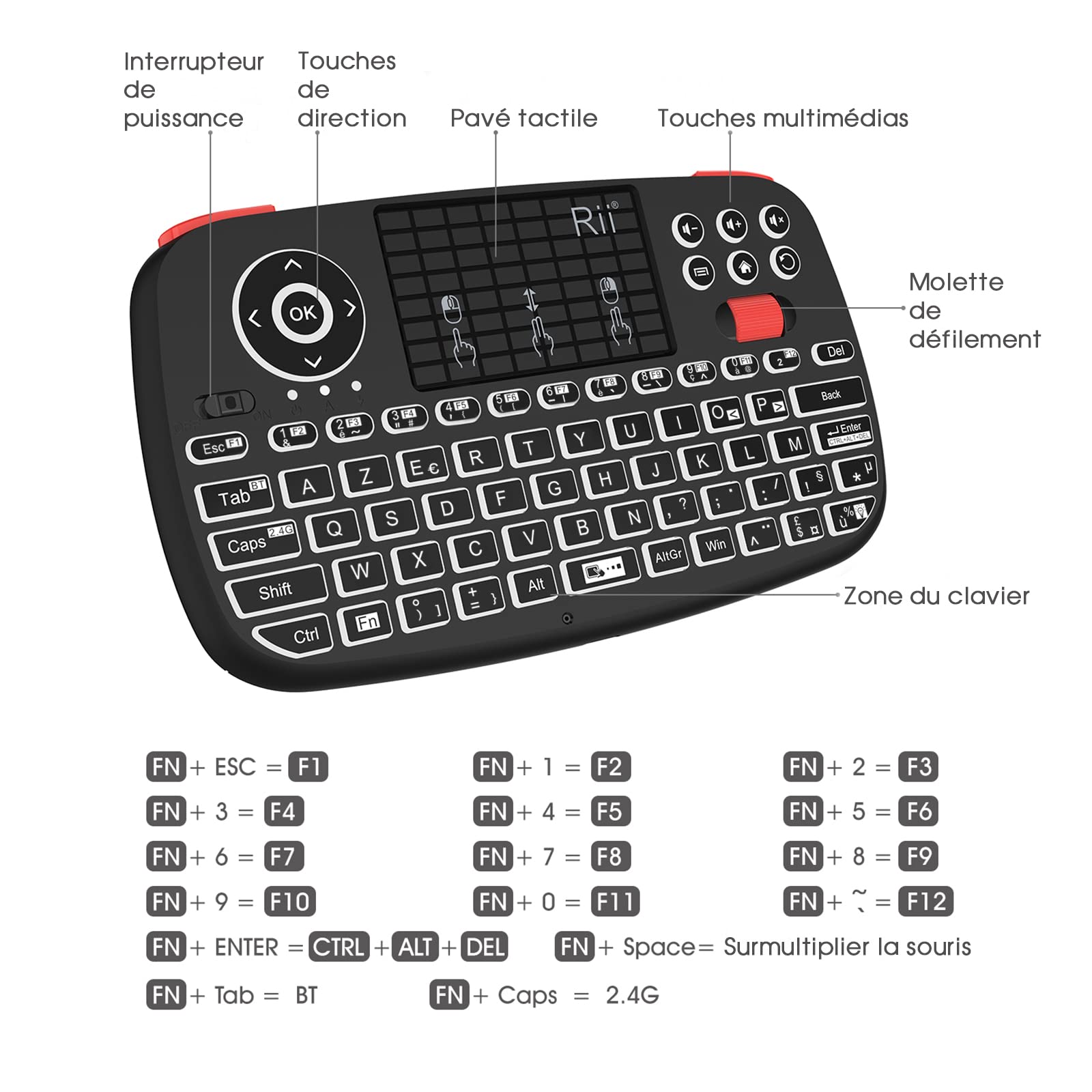 Rii i4 Mini Clavier sans Fil Bluetooth & 2.4 GHz (AZERTY) avec pavé Tactile, LED Backlit, Batterie Rechargeable pour iOS Windows Android tablettes, Raspberry Pi2, Linux et Ordinateur