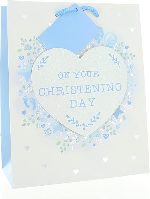 Cards Galore Online Medium Christening Boy Gift Bag - Blue Footprints Stars with Glitter Heart 9x7