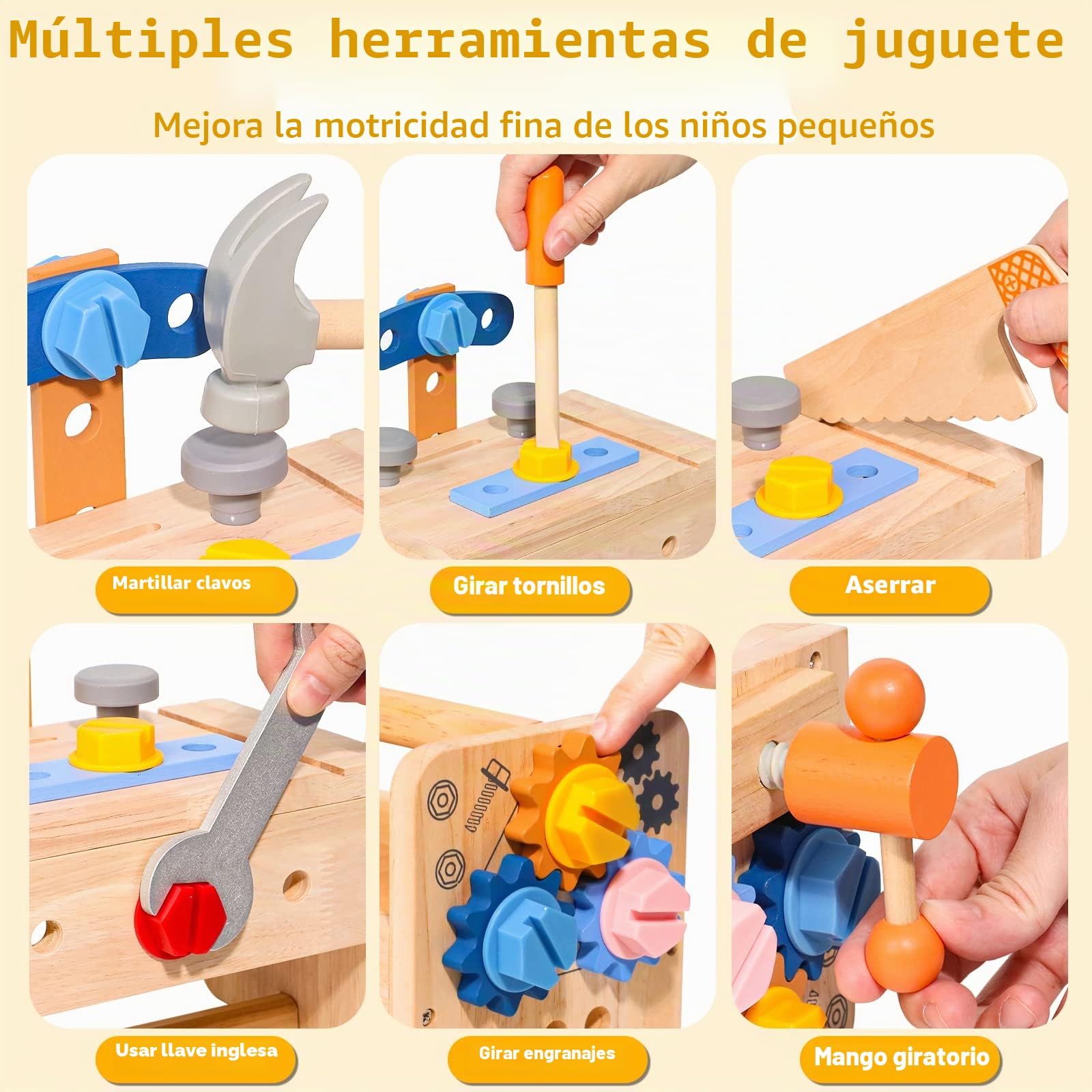 Caja Herramientas Juguetes Niños 2 Años Caja Manualidades Herramientas Bricolaje Juguetes Montessori 2 3 4 Años Niños, 39 Piezas Juegos de Construcción Madera con Delantal, Regalos Juegos Educativos