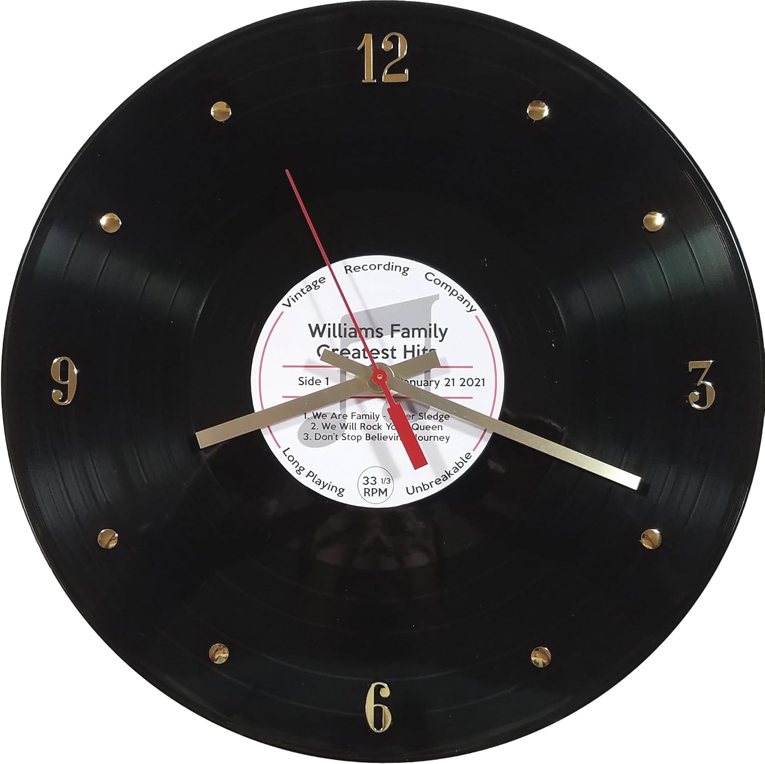 Personalized Vinyl Record Clock –12” wall Clock Customized w/Your Names, Date, and 3 Songs. Thoughtful Gift for Mother’s Day, Father’s Day, Graduation, Family, Newlyweds.