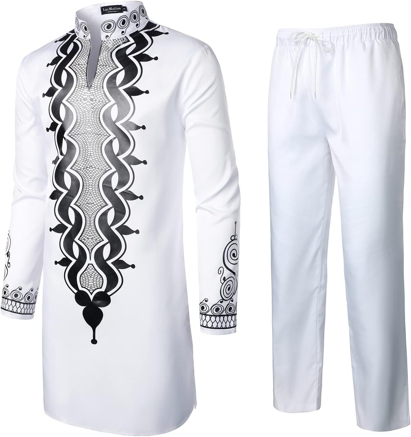 LucMatton Men's Dashiki Shirt Suit African 2 Piece Set Metallic Foil Stamping Mandarin Collar Outfit - Image 2