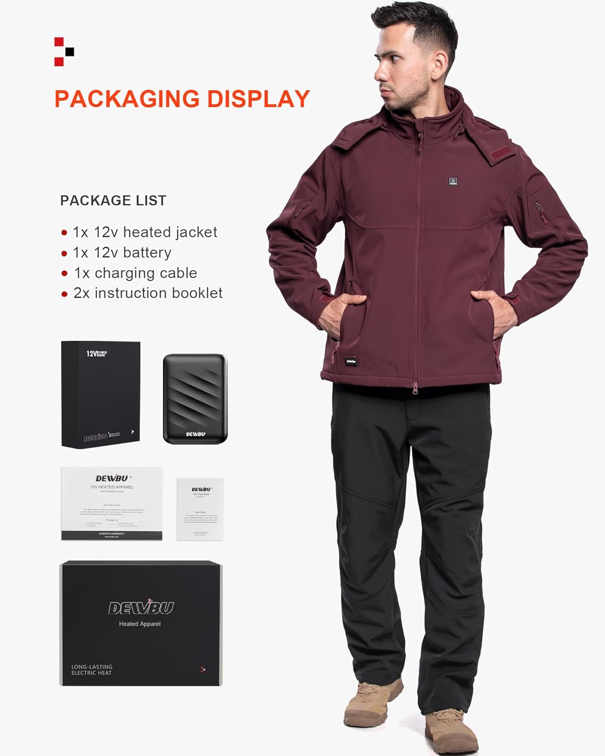 DEWBU Soft Shell Heated Jacket for Men with 12V Battery Pack and Detachable Hood Outdoor Electric Heating Coat - Image 6