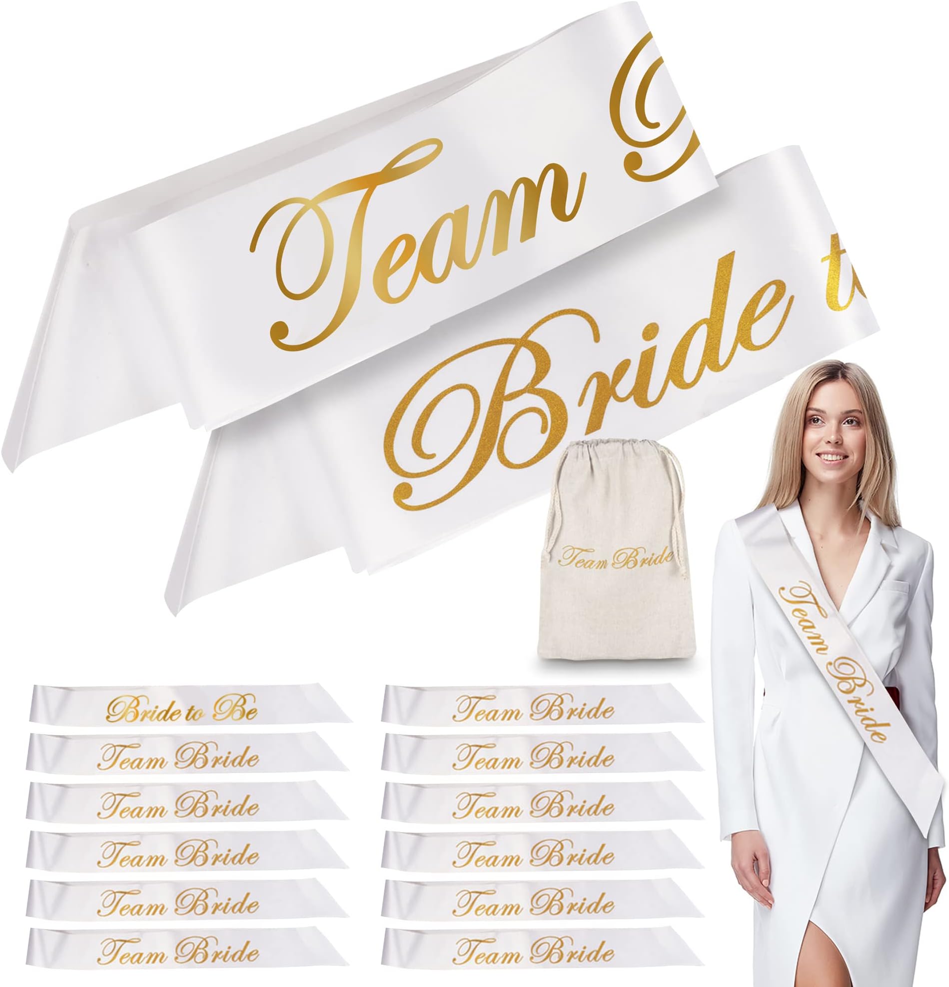 14pk Jaunty Partyware,13 Team Bride Sashes, 1 Bride To Be Sash + Team Bride Bag for Hen Party, Hen Do Party Sash, Hen Night Accessories, Hen Party Accessories, Hen Party Bag Fillers