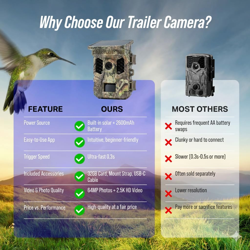 2026 Upgraded Solar Trail Camera 64MP WiFi Bluetooth - Game Camera with Night Vision, Motion Activated, Waterproof Hunting Cam, Wildlife Cam with 32GB SD Card & Built-In Battery, Complete Kit Included