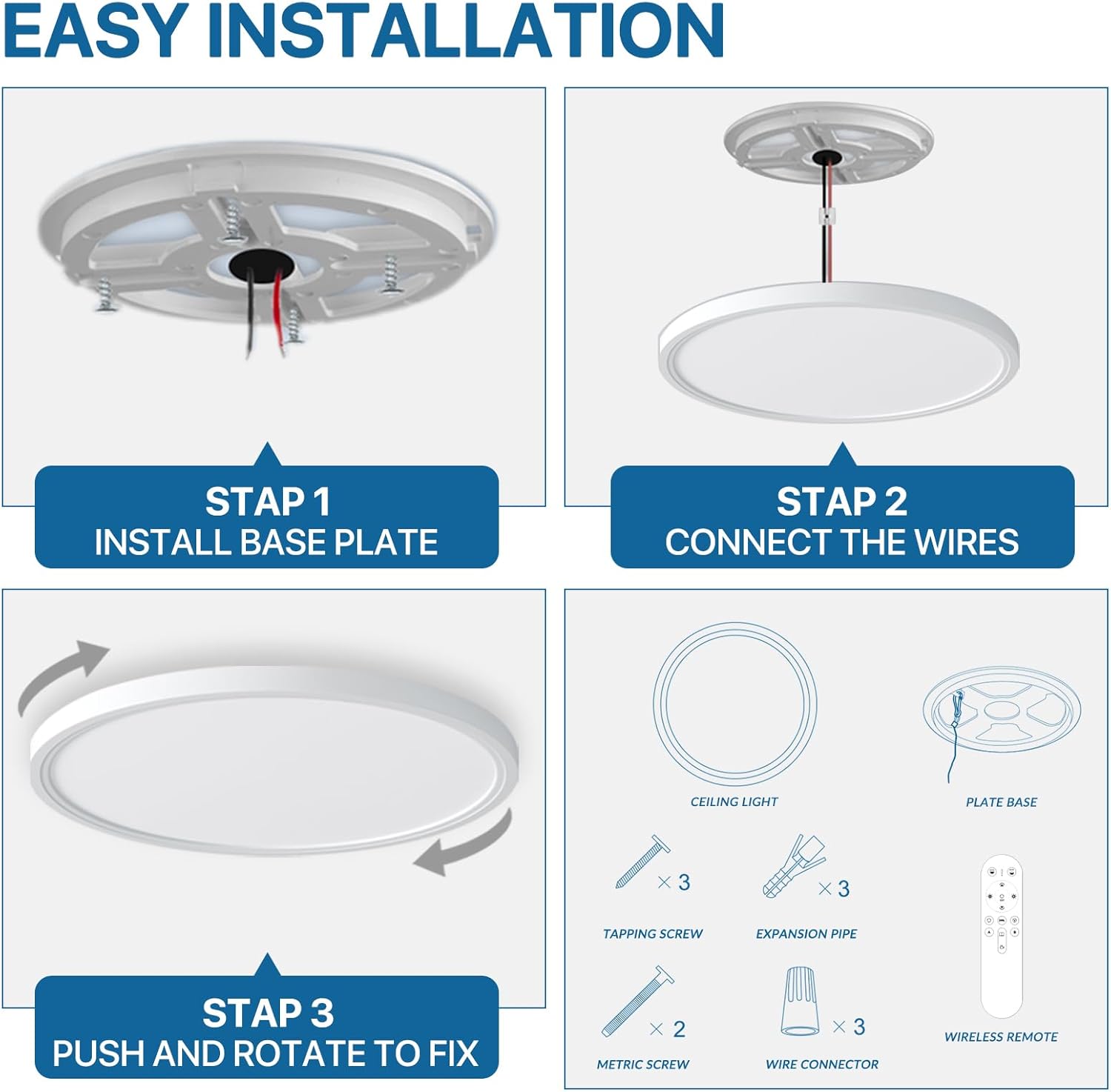 2Pack 12 Inch LED Flush Mount Ceiling Light Fixture with Remote Control, Dimmable 2000K Warm Night Light for Bedroom, 24W 3000K-6500K Color Adjustable Hardwire Lamp for Hallway, Memory Function, White