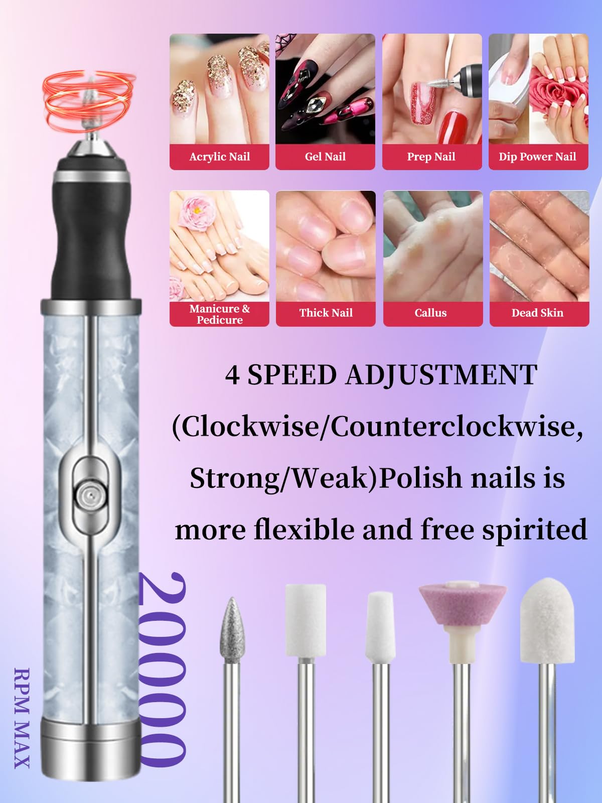 Kit per unghie acriliche in polvere acrilica: polvere acrilica per unghie in 4 colori, lampade UV e lima elettrica per unghie con pratica mano, set manicure per rimuovere le unghie in acrilico, 75 ml