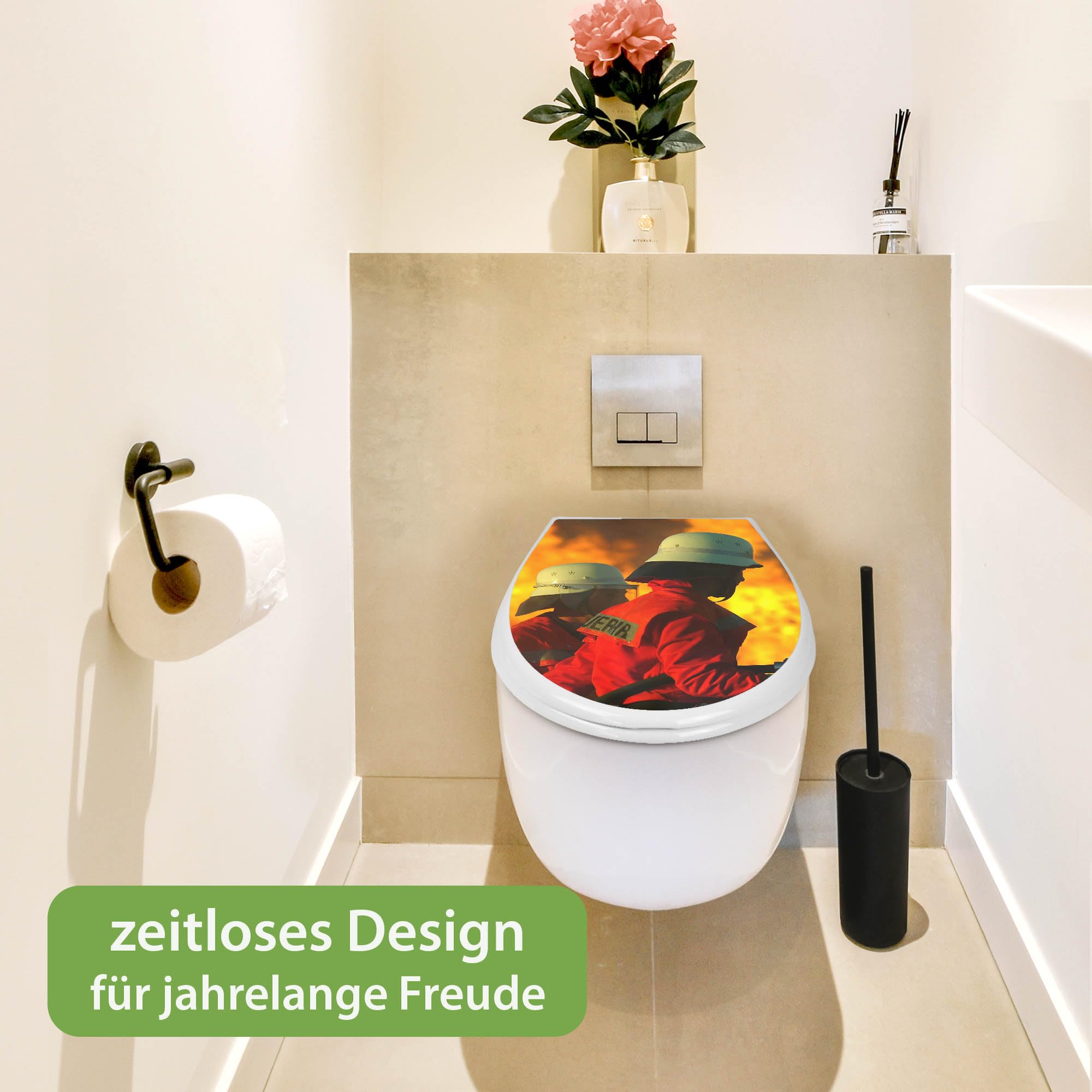 banjado Familien WC Sitz mit Absenkautomatik 44,9x37,1cm - Klobrille mit Kindersitz aus hochwertigem Polypropylen - Toilettendeckel mit Kinder Toilettensitz integriert - Motiv Feuer