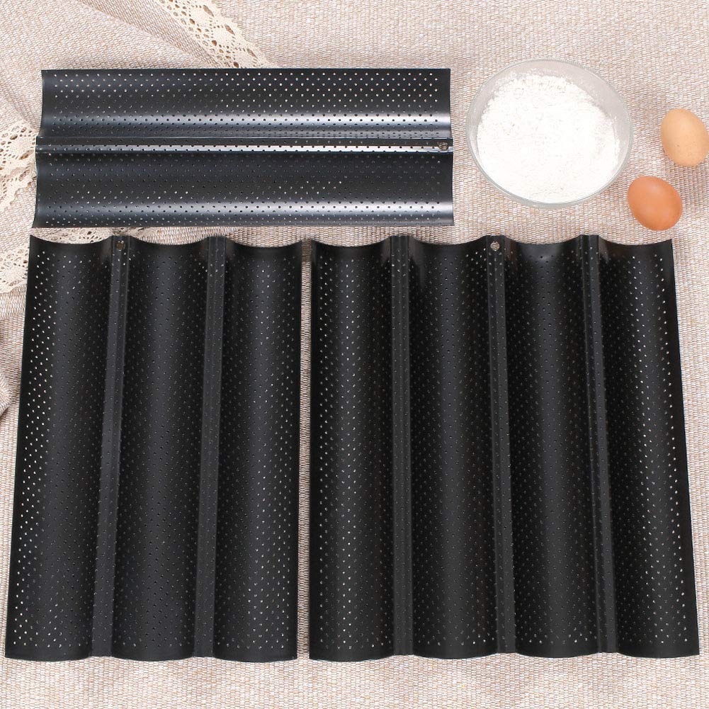 Baguette Baking Tray, Nonstick Wave Mould Fast and Evenly Heating, Perforated Baguette Kitchen Gourmet Making Pan, Baking Sheet, for French Bread, Stick Bread, Toast Maki(Black 2 Baguettes-2Pcs)