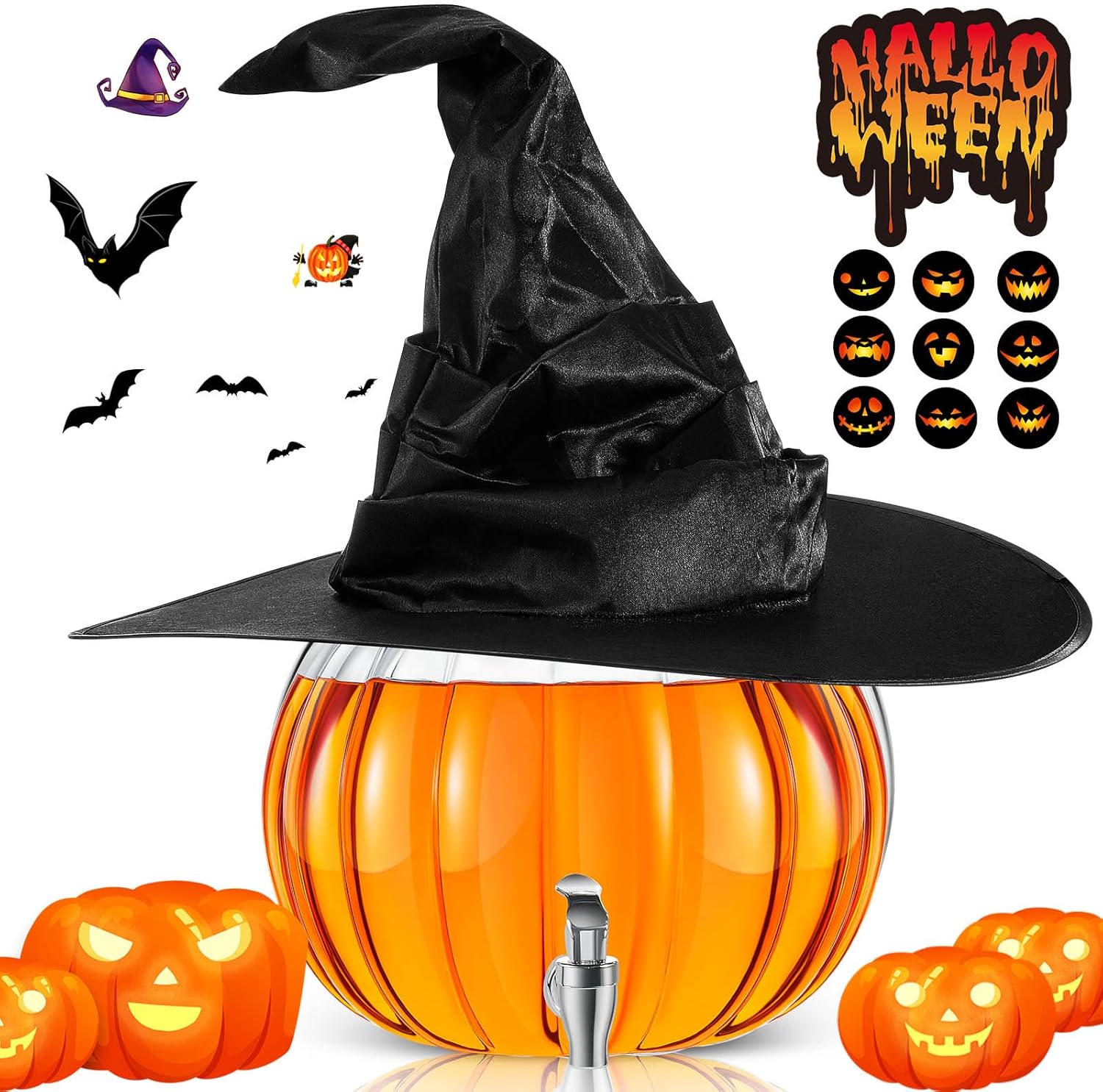 ( incomplete) 12 Pcs Halloween Pumpkin Dispenser Kit for Trick or Treat, Include 2 Gallon Glass Pumpkin Bowl Beverage Drink Dispenser with Spigot, Halloween Witch Hat and 10pcs Spooky Stickers