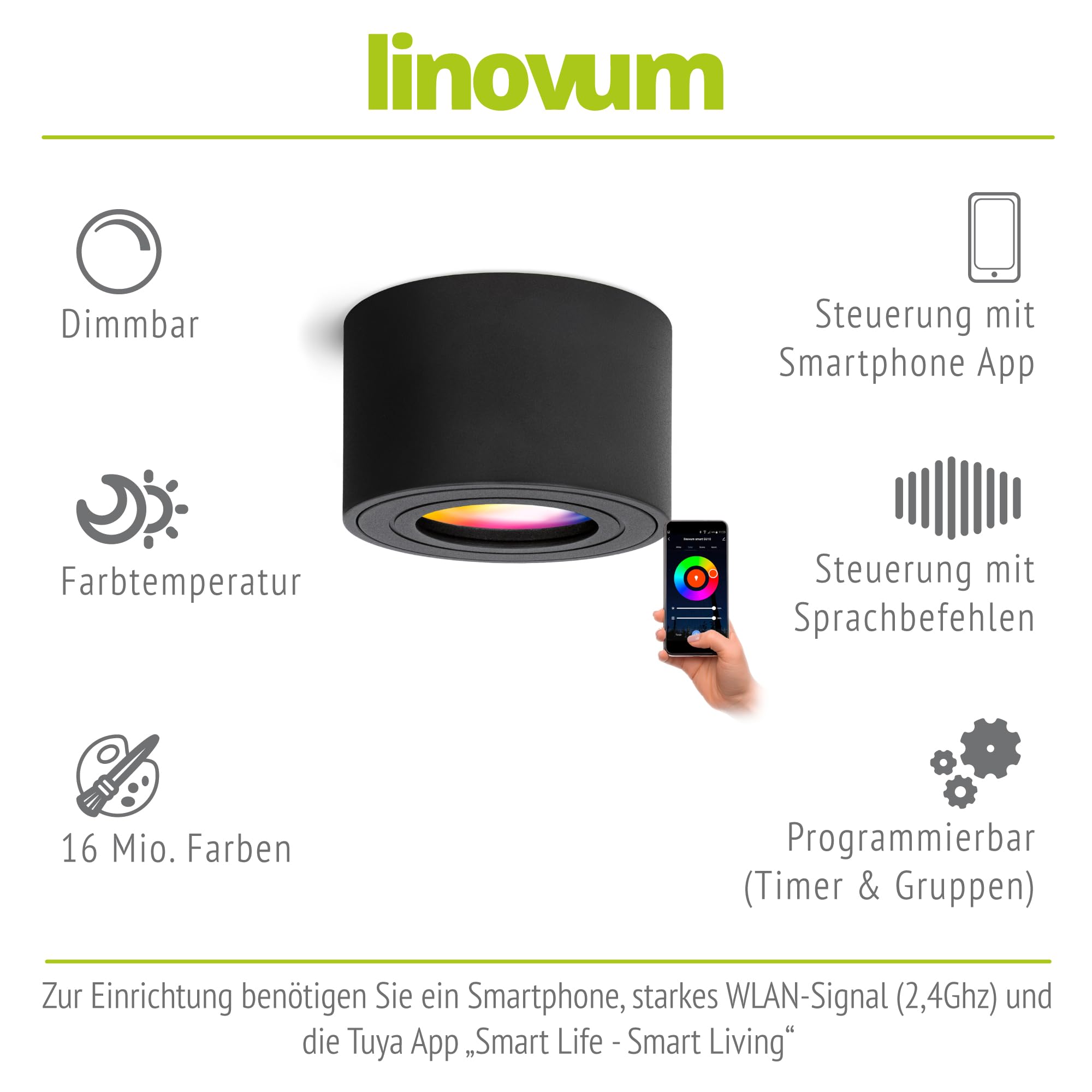 linovum SMOL Aufbauspot 6er Set schwarz rund IP44 Smart LED WLAN RGBW App