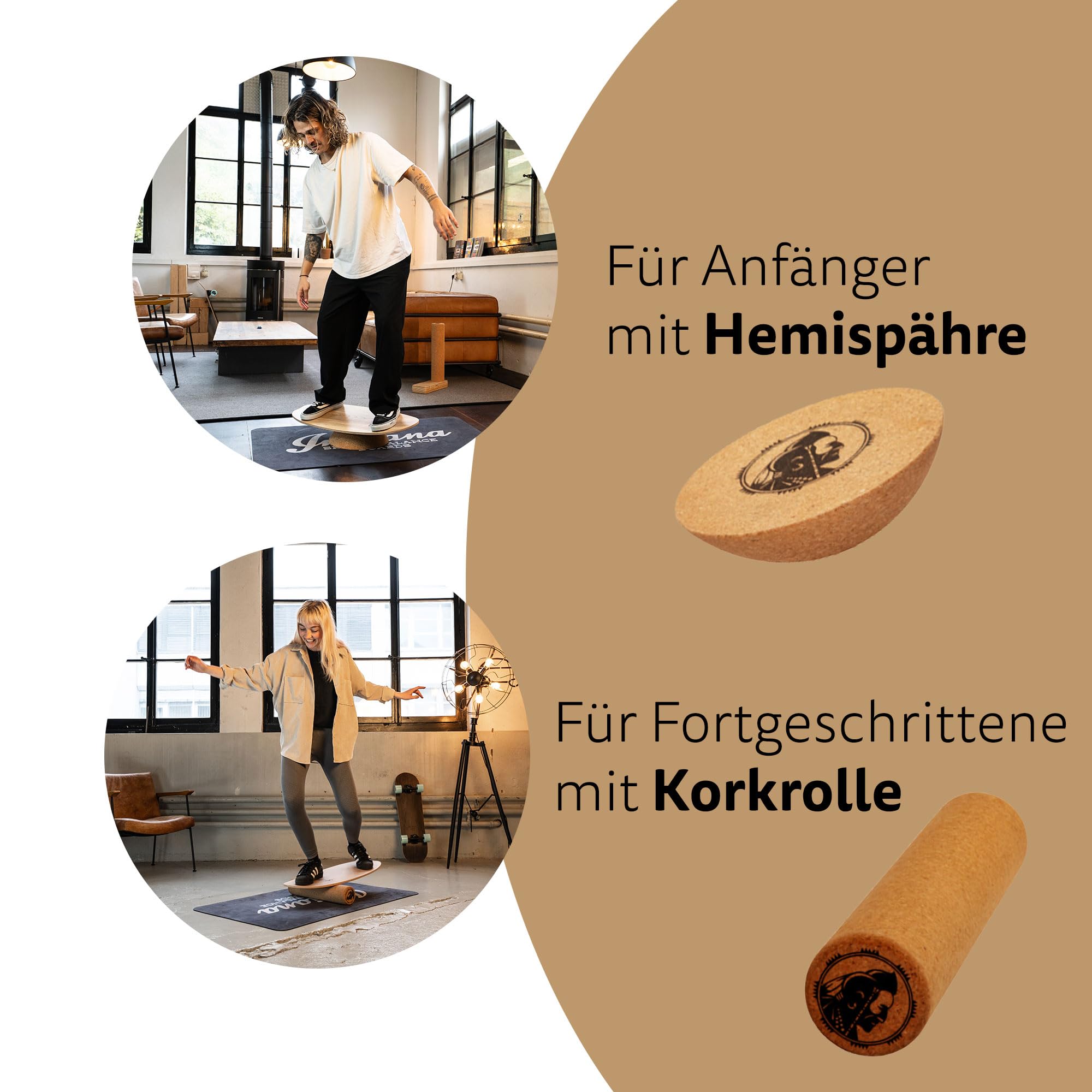 Indiana® Balance Board | DAS ORIGINAL Swiss Made - HANDGEFERTIGT | inkl. Premium Korkrolle | Balancierbrett Fiberglas verstärktem Holzkern | Gleichgewichtstraining für Kinder und Erwachsene