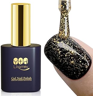 YTD Likomey Gel Polish Polish Gold Foil Top Coat,Glossy No Wipe Long Lasting Shiny Finish Clear Gold Glitter Sparkle,Salon Home DIY UV Manicure Nail Art Varnish UV Nail Gel,15ml 0.5 Fl Oz