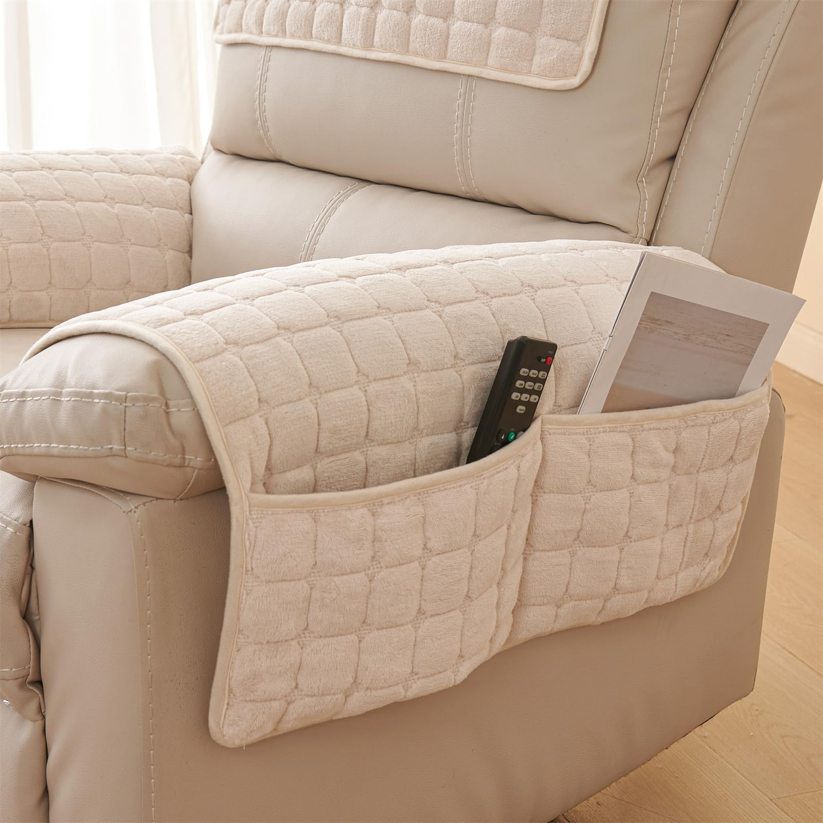 XDKS Anti-Slip Armchair Storage Bag, Headrest Covers for Chair Head Covers Furniture Winter Warm Sofa Headrest Leather Protector (Beige,Armrest)