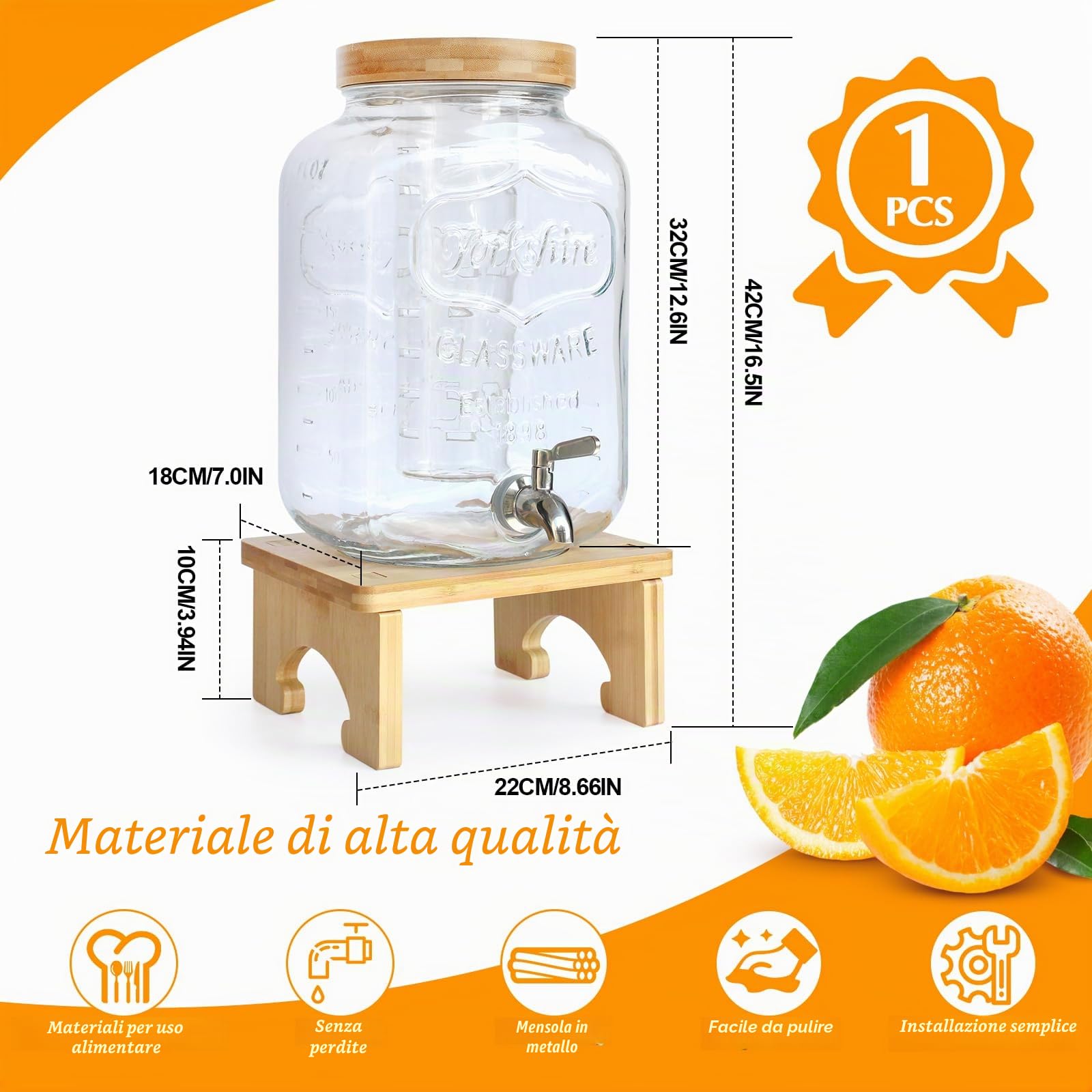 Dispenser per bevande da 7,6 l con supporto, dispenser in vetro con rubinetto in acciaio inox massiccio per succhi ghiacciati, acqua, bevande fatte in casa, feste, matrimoni