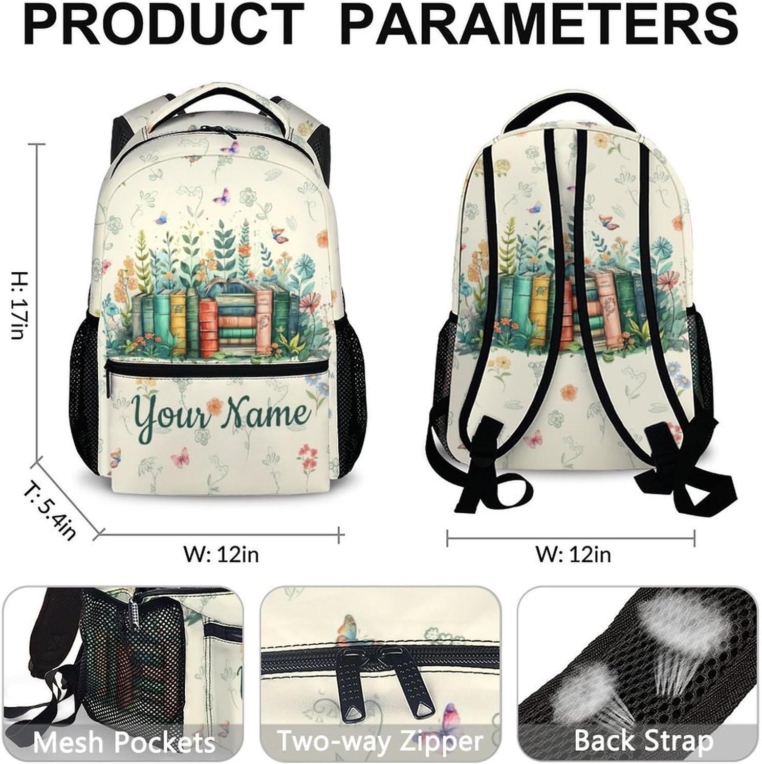 Personalized Backpacks for Girls, Cute Backpack for Book Lovers School Preschool Elementary Middle College, Custom Name 17 Inch Reading Bookbag for Travel Casual Library