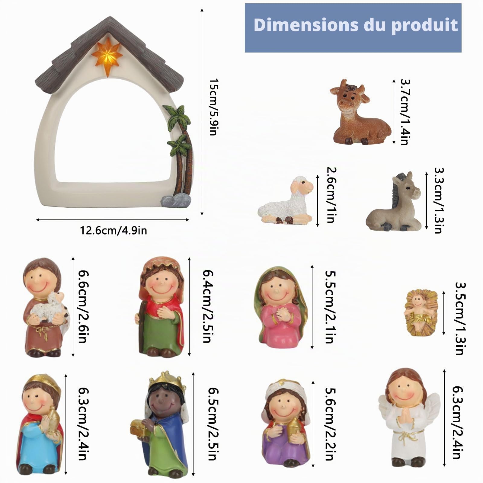 Ensemble de sculpture de crèche de Noël Ulable 12 pièces, naissance de Jésus avec Marie, Joseph, l'enfant Jésus, 3 Rois Mages, bergers et anges, figurines en résine pour décoration de table