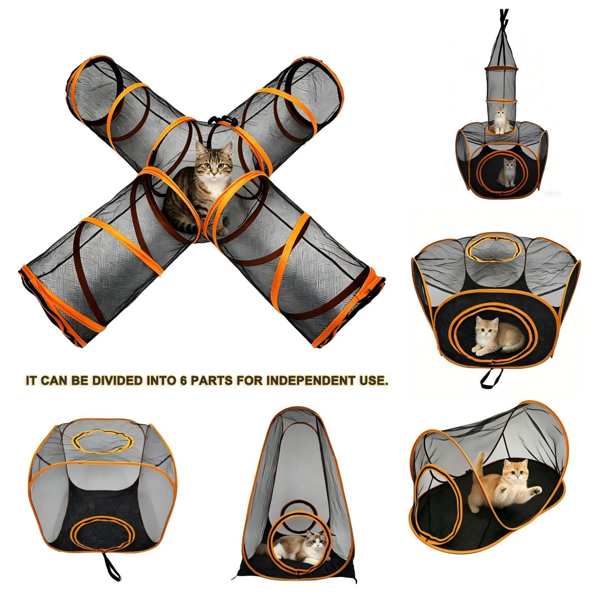 6-in-1 Modularer Katzenspielplatz mit hängendem Klettertunnel, großes Katzenhaus und Gehege für mehrere Katzen, tragbares Katzen-Aktivitätszentrum mit Würfelzelten und Y-Tunnel für Katzen, Kaninchen