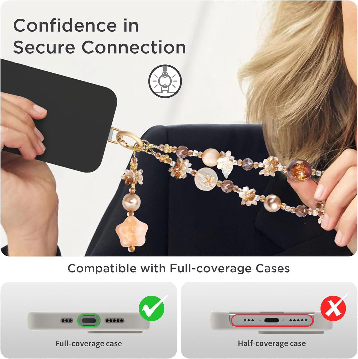 Phone Charm for Women, Anti-Theft Phone Wrist Strap, Hands-Free & Detachable Cellphone Lanyard Chain with Tether Tab - Image 3