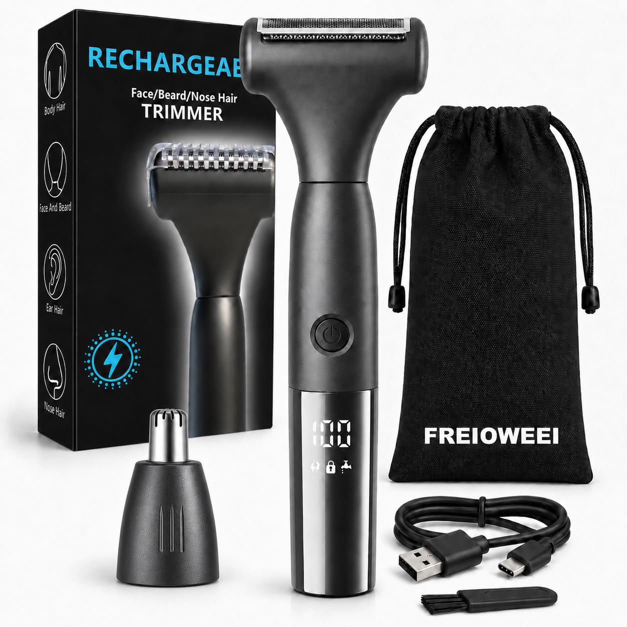 Waterproof Trimmer for Men, Pubic & Body Groomer, Ceramic Blade, Includes Nose Hair Trimmer attachments, a Travel Lock, and a Storage Pouch