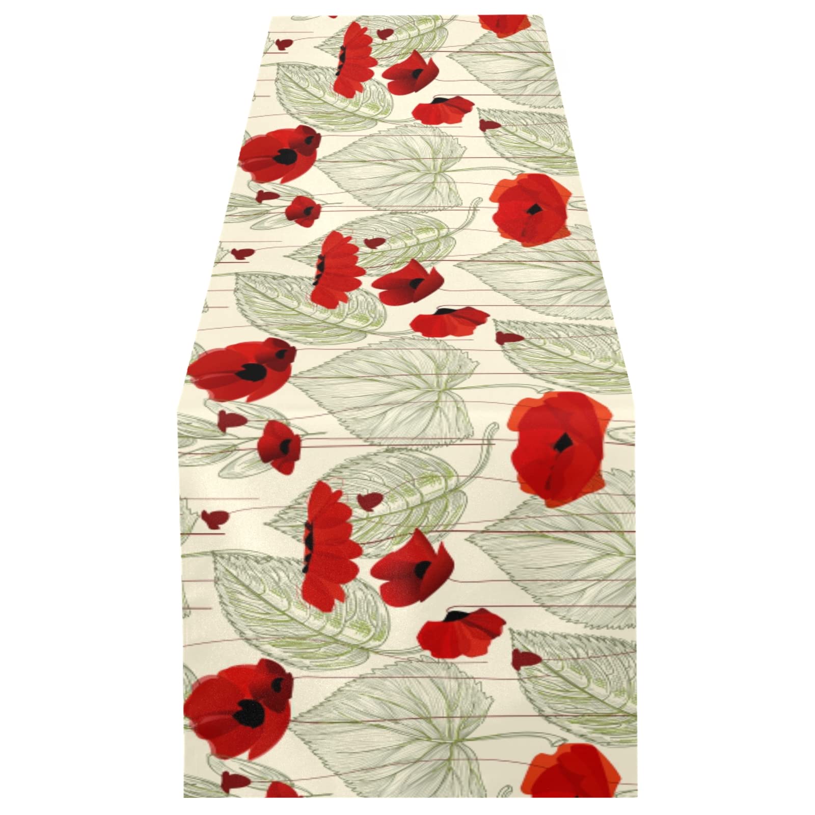 Poeticcity Multi 7 Vintage Floral Red Poppy Flowers Leaves Seamless Pattern 18" X 72" Rectangle Table Runner Long Tablecloth Placemat For Party Home Decor Indoor Outdoor Office Kitchen Dining Wedding