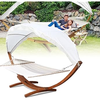 Daromigo Outdoor Hammock with Frame 200 x 150 cm Hanging Chair with Frame for 2 People Load Capacity 200 kg Wooden Hammock Frame with Roof for Garden Patio Pool