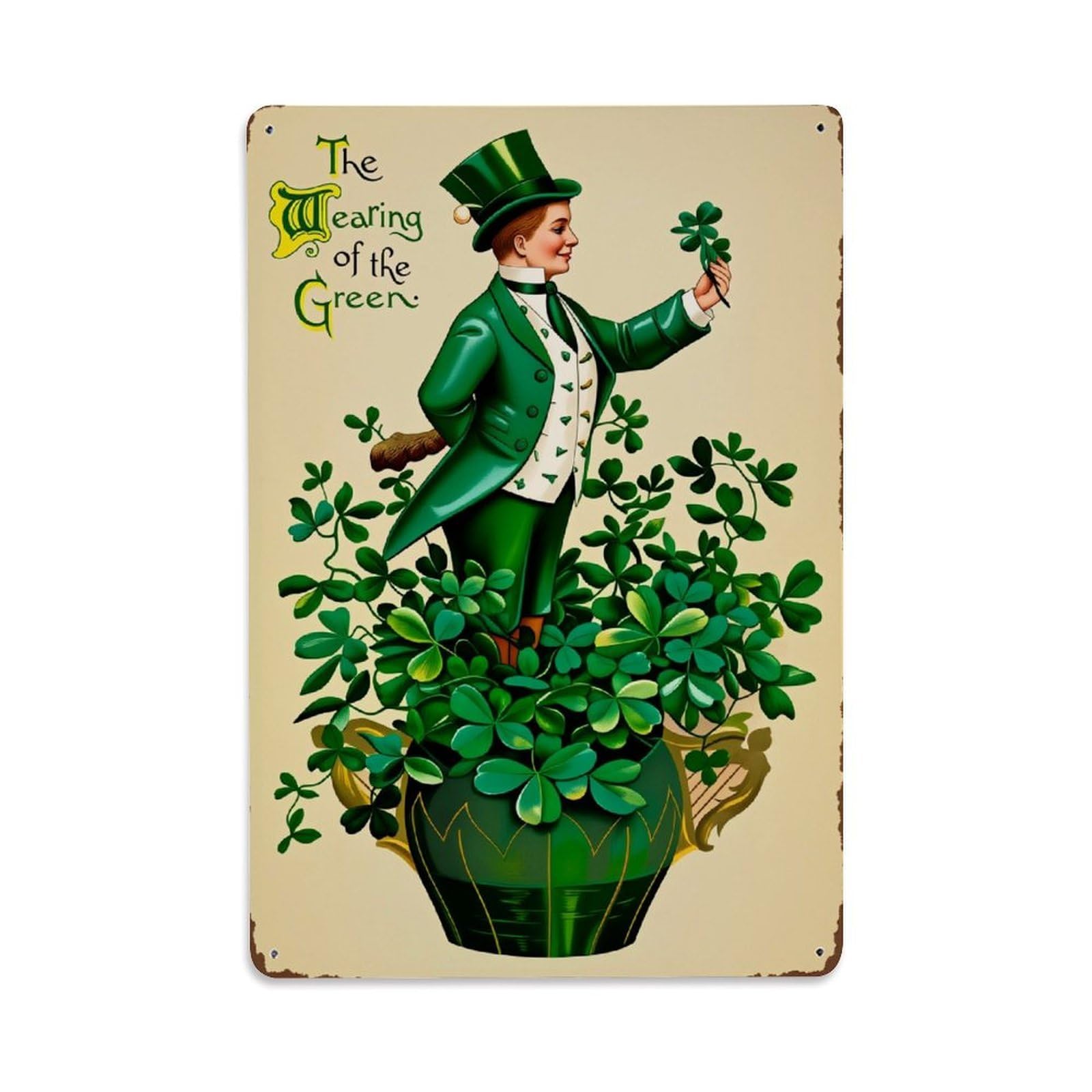 Enderetf Vintage Leprechaun Holding Clover Plant Tin Sign Metal Poster, Home Bar Garage Man Cave Cafe Indoor & Outdoor Wall Decoration 8X12inches