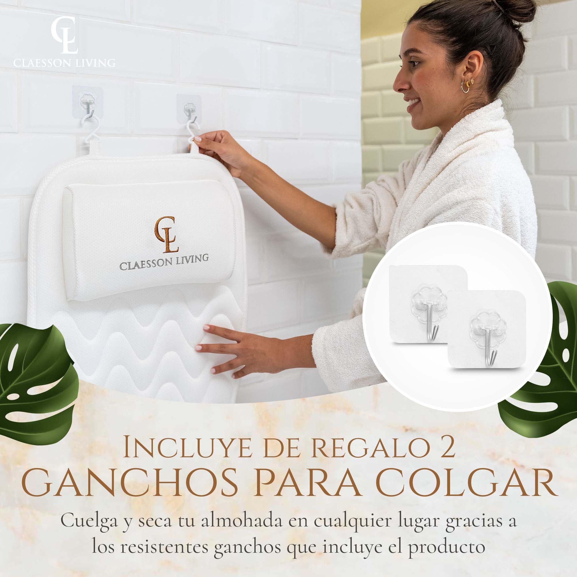 Cojin bañera (125x43cm) - Almohada bañera con apoyacabezas y Soportes para el Cuello, Espalda y piernas – Incluye: Bath Pillow, Bolsas de Lavado y de Viaje, Ganchos para Secado rápido sobre Blanco