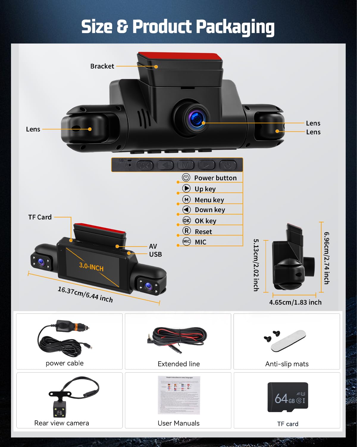 NHOPEEW Dash Cam a 4 canali anteriore e posteriore - Telecamera per auto a 360 gradi con display da 3 pollici, visione notturna IR, registrazione in loop, rilevamento del movimento + scheda TF da 64G